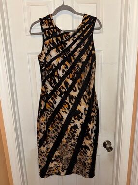 Sleeveless Animal Print Sheath Dress - Black & Tan Size 12